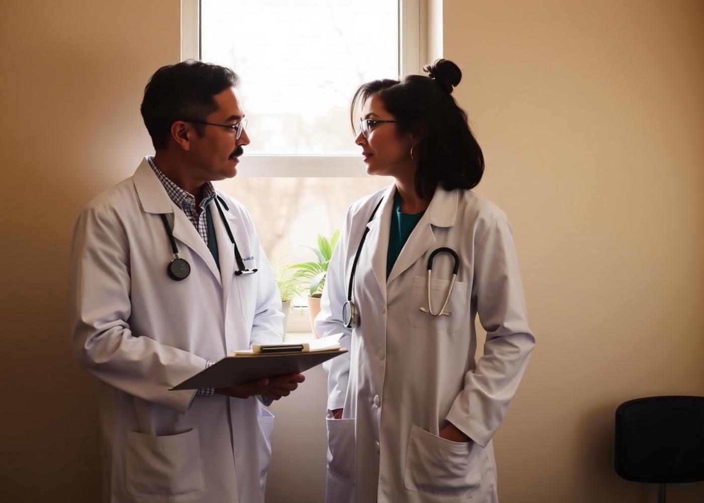 Two clinicians in conversation by a sunlit window